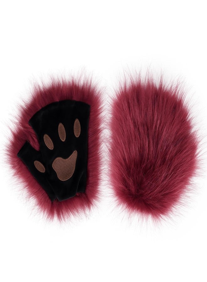 HAOAN Wolf Paw Gloves Faux Fur Cat Fingerless Mittens Winter Warm Halloween Fancy Party Costume Accessories - Image 1
